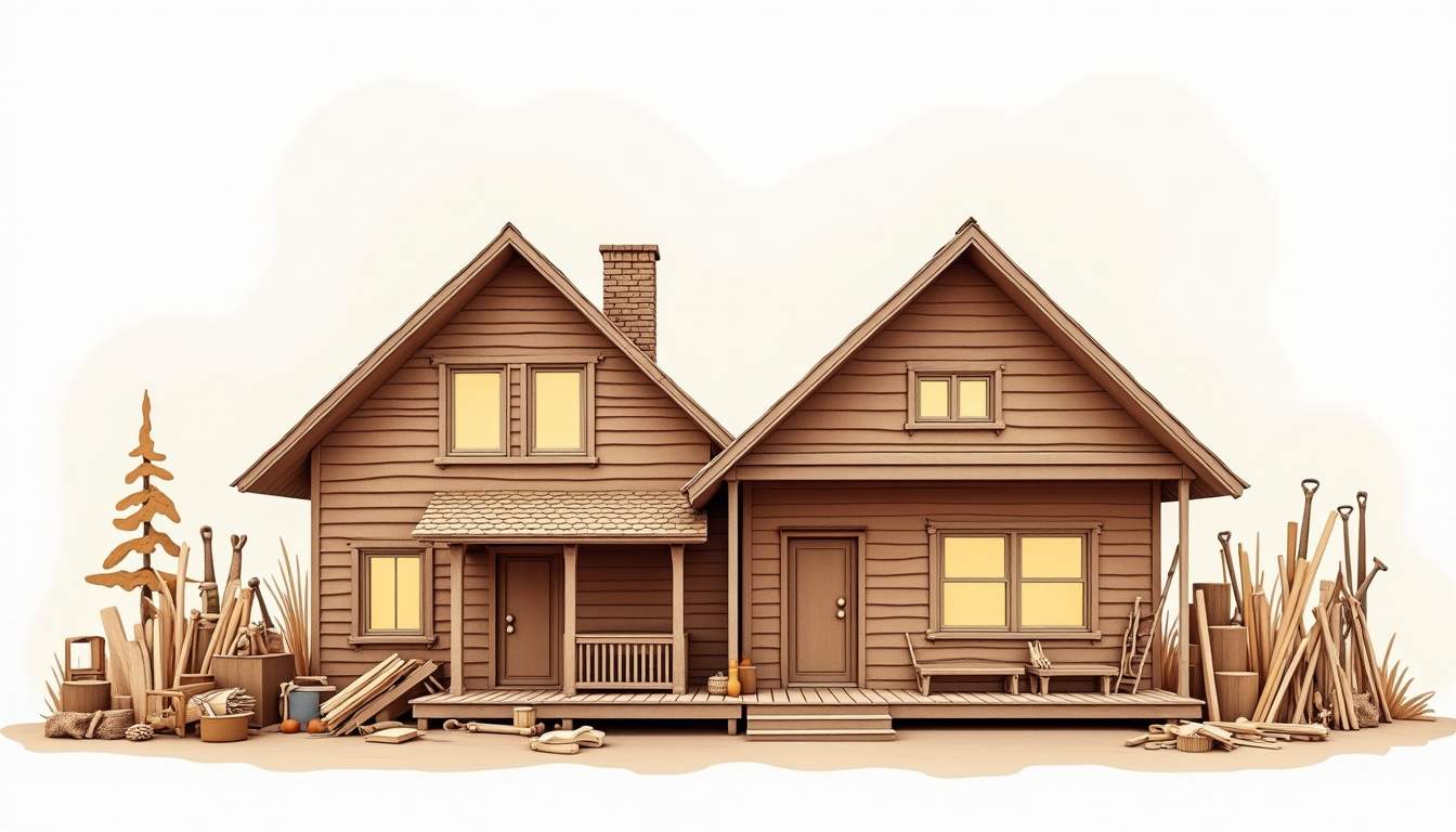 a beautifully crafted wooden structure that showcases both a residential home and a commercial building side by side, with various carpentry tools and materials artistically arranged in the foreground to emphasize the craftsmanship involved in both settings, hand-drawn abstract illustration for a company blog, white background, professional, minimalist, clean lines, faded colors
