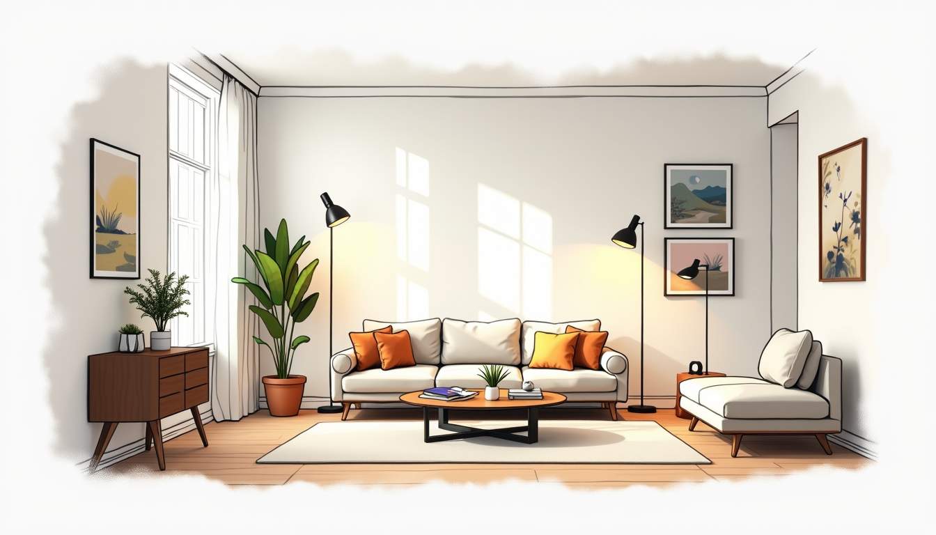 an elegantly designed living room showcasing a variety of task and accent lighting fixtures, highlighting their effects on the space's ambiance and style, with warm and inviting light casting soft shadows and illuminating key decor elements, hand-drawn abstract illustration for a company blog, white background, professional, minimalist, clean lines, faded colors
