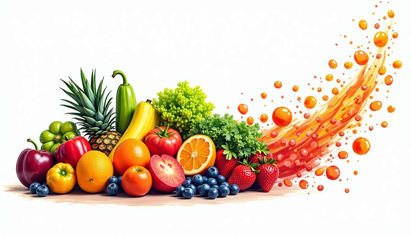 a vibrant assortment of vitamin-rich fruits, vegetables, and supplements arranged in a dynamic, swirling pattern, symbolizing the boost in immunity and energy they provide, hand-drawn abstract illustration for a company blog, white background, professional, minimalist, clean lines, faded colors