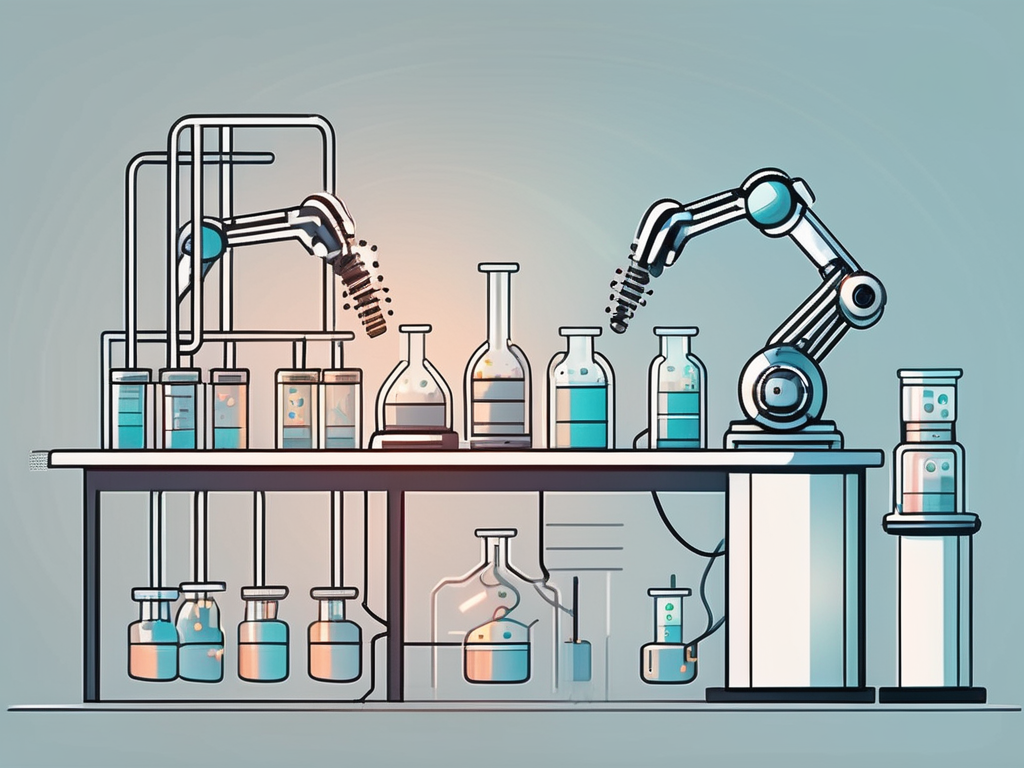 a futuristic laboratory with AI robots conducting experiments on DNA structures and biotechnology equipment, highlighting the synergy between AI and biotechnology, hand-drawn abstract illustration for a company blog, white background, professional, minimalist, clean lines, faded colors