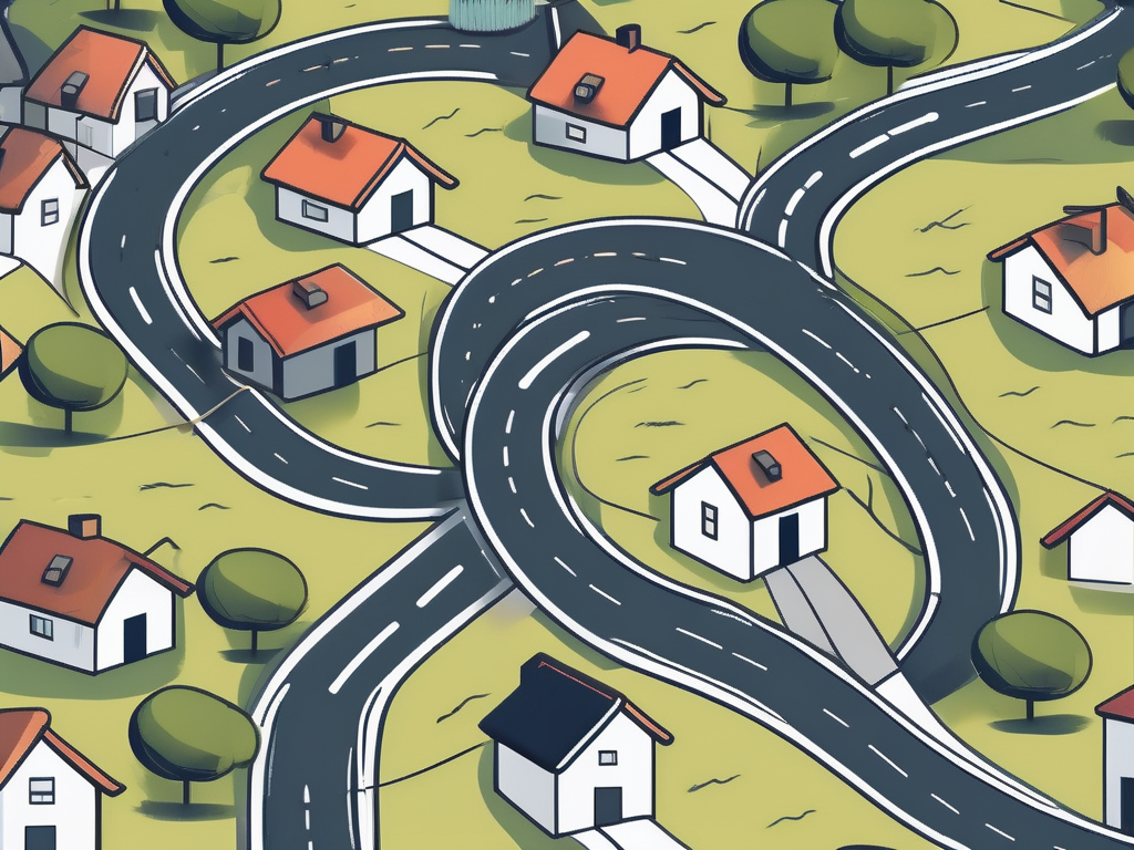 a stylized path winding through a landscape of houses, with signposts indicating key steps in the selling process, culminating in a handshake symbol at the end of the path to represent successful negotiations, hand-drawn abstract illustration for a company blog, white background, professional, minimalist, clean lines, faded colors