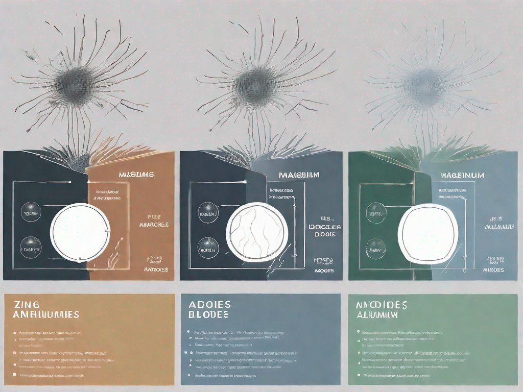 three different metal anodes, Zinc, Aluminum, and Magnesium, each distinctly labeled, and visually showcase their different properties and reactions when used as anodes, such as color changes or energy emissions, hand-drawn abstract illustration for a company blog, white background, professional, minimalist, clean lines, faded colors