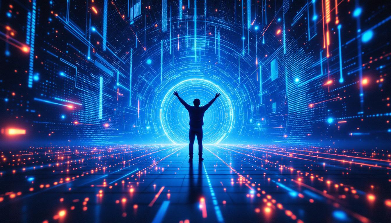 En silhuett av en person som står foran en lysende digital portal omgitt av futuristiske dataelementer, som symboliserer kunstig intelligens som en investering i fremtiden.