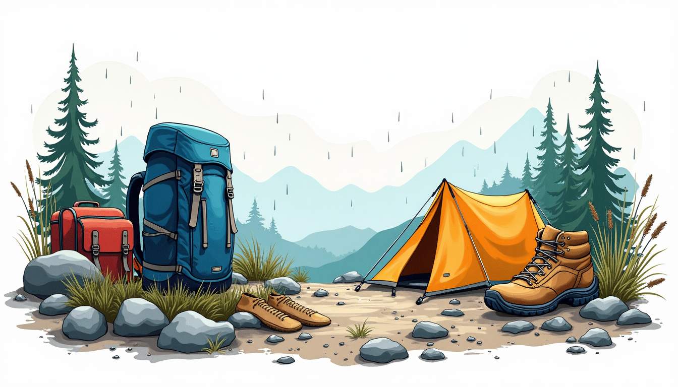 a rugged outdoor scene featuring various waterproof and durable gear items, such as a high-quality backpack, a sturdy tent, and weather-resistant footwear, all set against a backdrop of rain, wind, and rugged terrain to emphasize their resilience against the elements, hand-drawn abstract illustration for a company blog, white background, professional, minimalist, clean lines, faded colors