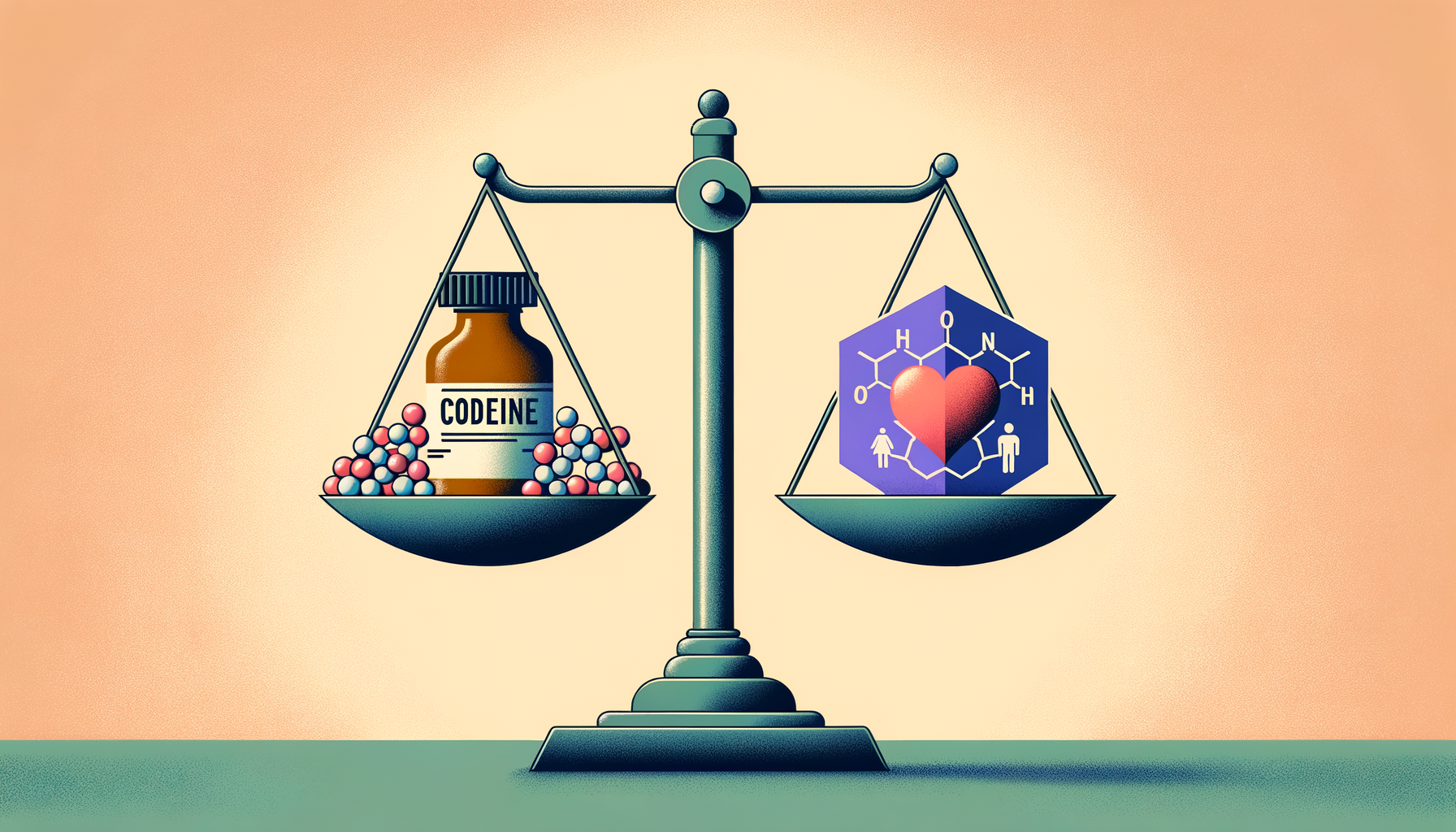 an abstract representation of a balanced scale, with one side depicting a bottle of codeine and the other side featuring symbols of harm reduction, such as a safety shield and a heart, set against a calming background that conveys safety and awareness, Add image of the active molecule and photo on the drug, also add an image where people are using the drug and having a good time
