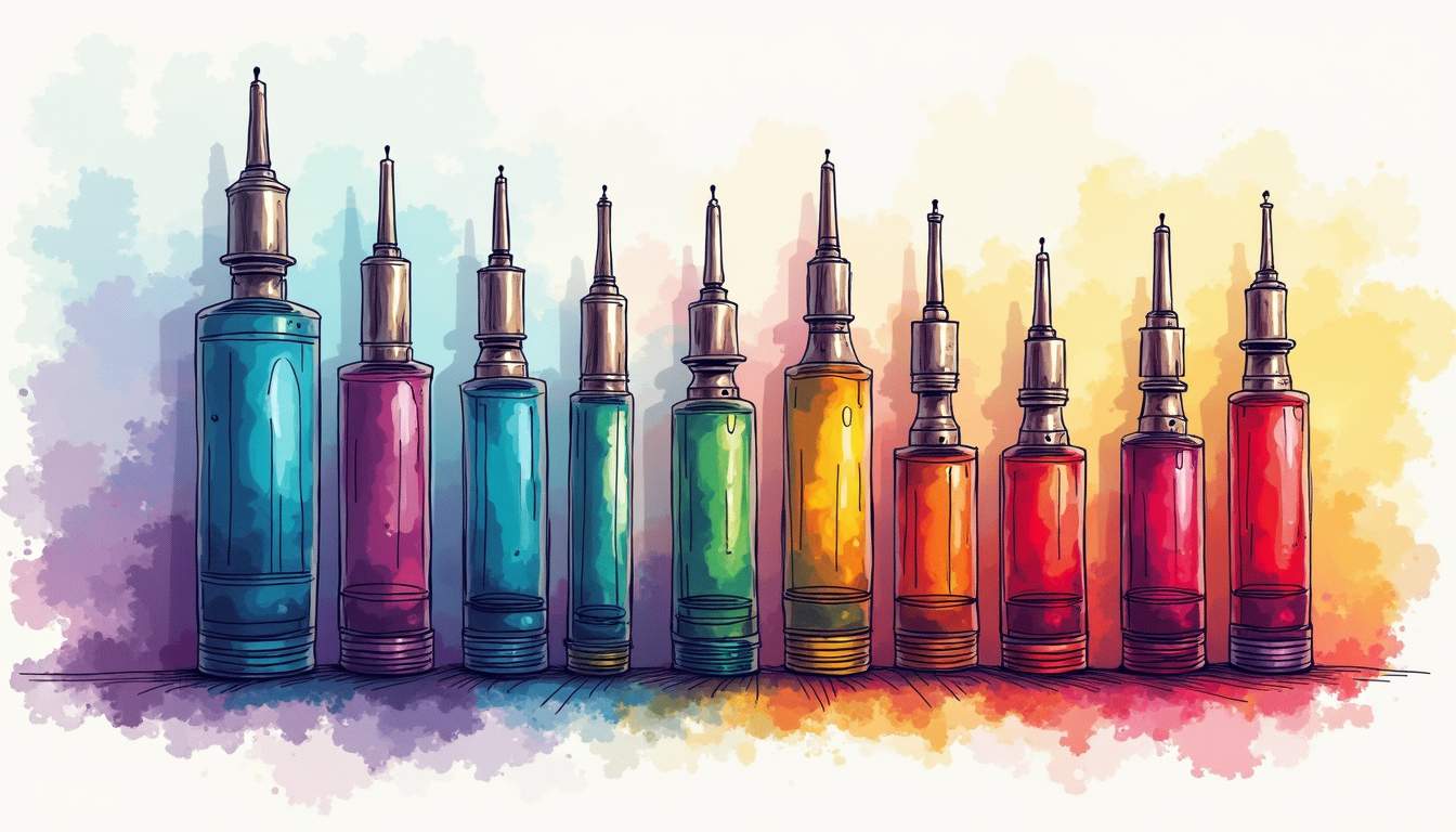 an array of colorful disposable tattoo cartridges arranged artistically, showcasing their different shapes and sizes against a vibrant, textured background that evokes the creative energy of a tattoo studio, hand-drawn abstract illustration for a company blog, white background, professional, minimalist, clean lines, faded colors