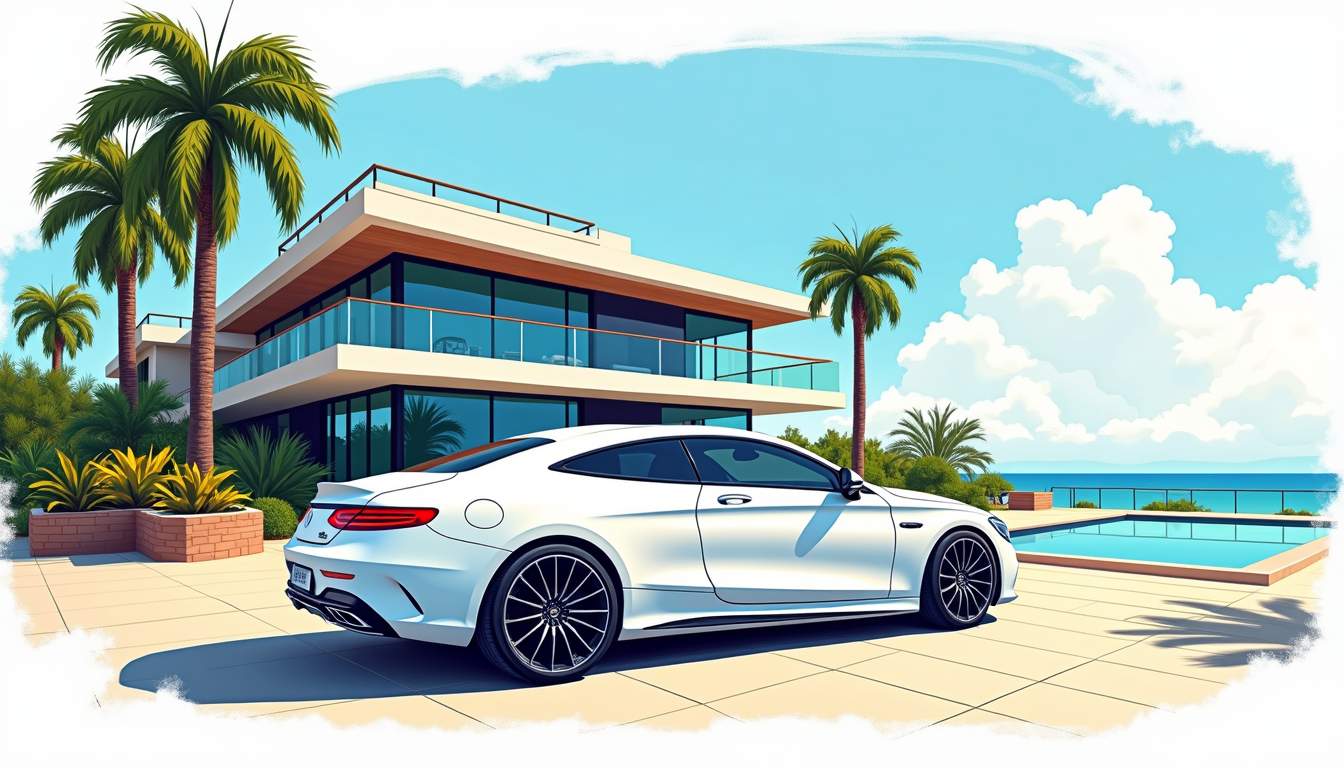 an elegant, high-end car parked in front of a luxurious beachfront villa in Orange County, surrounded by palm trees and a clear blue sky, capturing the essence of premium auto rentals in a vibrant and inviting setting, hand-drawn abstract illustration for a company blog, white background, professional, minimalist, clean lines, faded colors