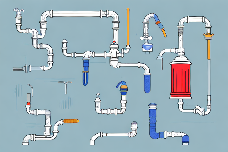a well-maintained home plumbing system, showcasing various elements like pipes, faucets, drains, and a water heater, with tools like wrenches and plunger nearby, hand-drawn abstract illustration for a company blog, in style of corporate memphis, faded colors, white background, professional, minimalist, clean lines