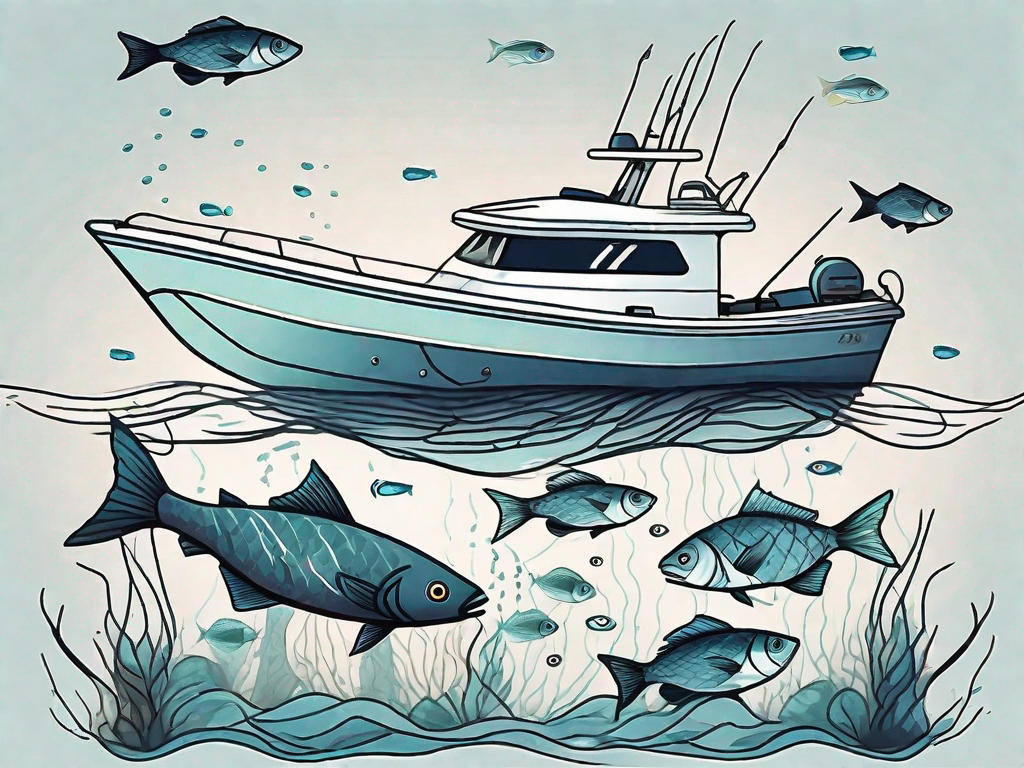 a boat equipped with a high-tech fish finder device, surrounded by various types of fish under the water, hand-drawn abstract illustration for a company blog, white background, professional, minimalist, clean lines, faded colors