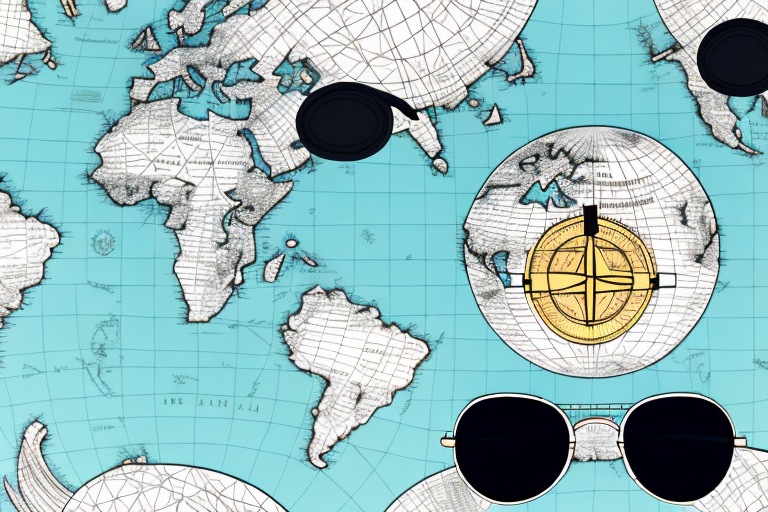 a globe surrounded by iconic landmarks from around the world, a compass, a camera, and a pair of sunglasses, all placed on a map, hand-drawn abstract illustration for a company blog, in style of corporate memphis, faded colors, white background, professional, minimalist, clean lines