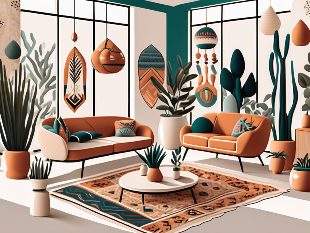 an assortment of colorful ceramic figurines placed in a bohemian-styled room with patterned rugs, hanging plants, and eclectic furniture, capturing the warm and artistic atmosphere, hand-drawn abstract illustration for a company blog, white background, professional, minimalist, clean lines, faded colors