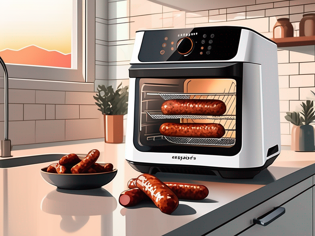 an air fryer with Esposito's breakfast sausage links inside, placed on a kitchen countertop with a morning sunrise visible through a nearby window, hand-drawn abstract illustration for a company blog, white background, professional, minimalist, clean lines, faded colors