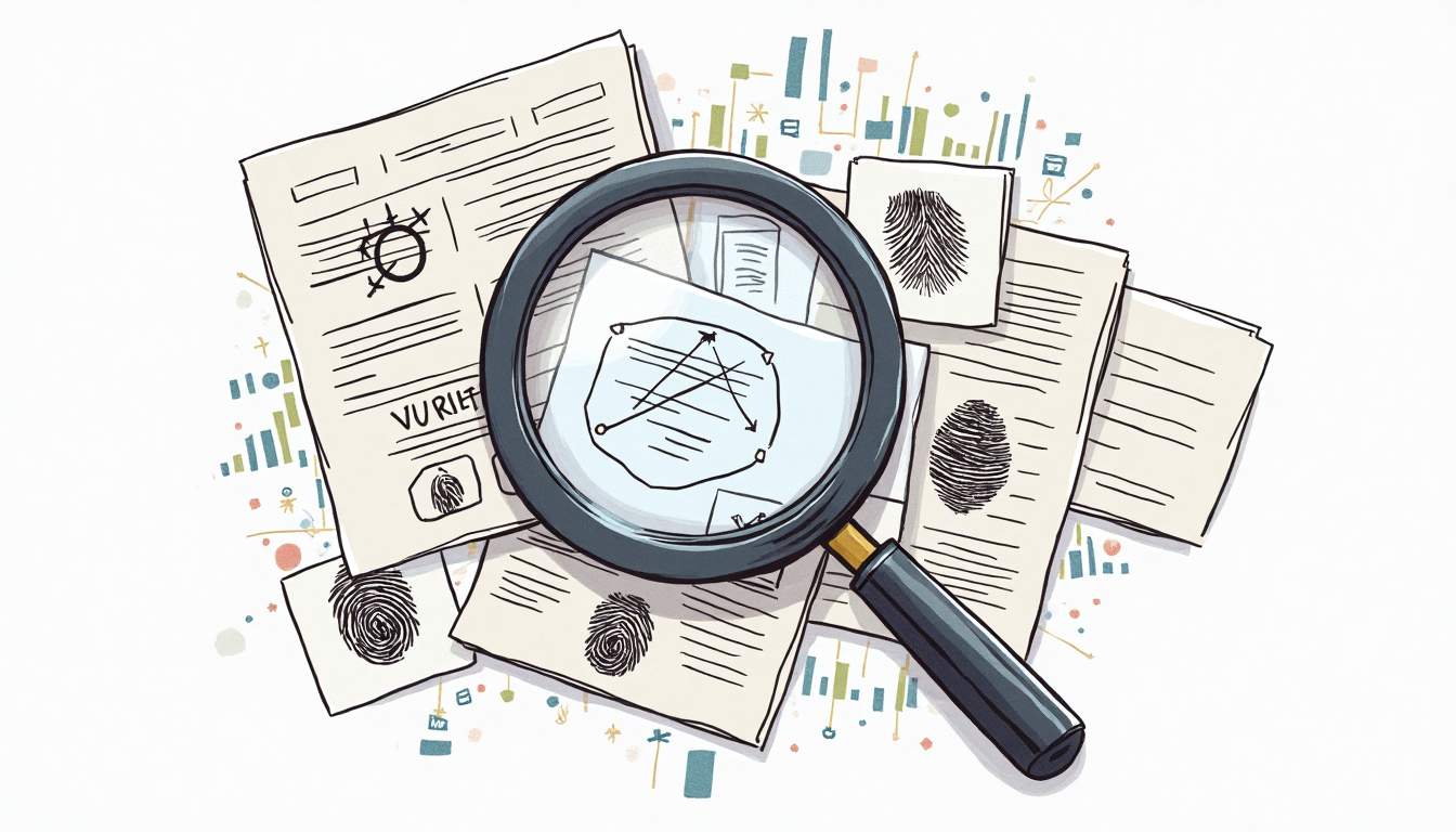 an abstract representation of a magnifying glass overlaid on a collage of documents, fingerprint patterns, and digital data streams, symbolizing the thoroughness and complexity of background checks, hand-drawn abstract illustration for a company blog, white background, professional, minimalist, clean lines, faded colors
