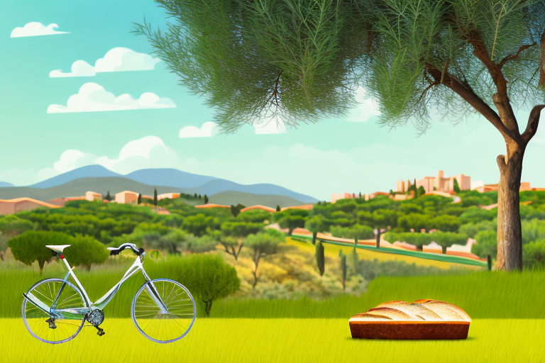 a scenic Spanish landscape featuring a bicycle leaning against an olive tree, with a small picnic spread nearby that includes a bottle of olive oil and a loaf of bread, hand-drawn abstract illustration for a company blog, in style of corporate memphis, faded colors, white background, professional, minimalist, clean lines