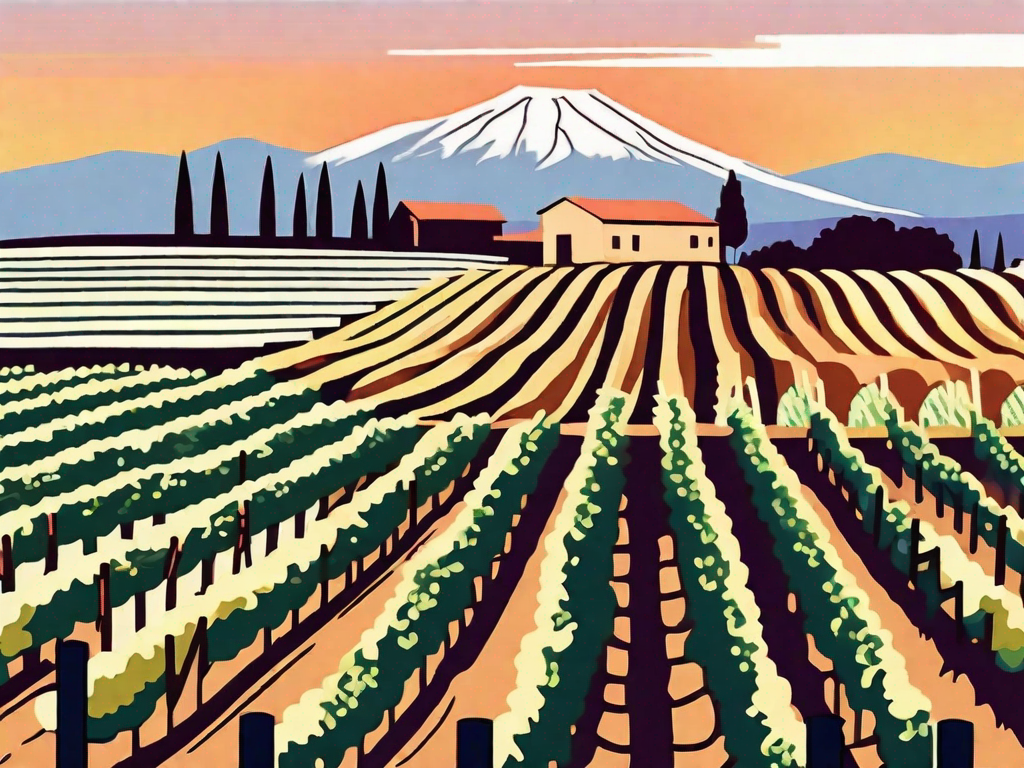 a scenic Sicilian vineyard with rows of grapevines, a rustic winery in the background, and Mount Etna in the far distance, all under a warm sunset, hand-drawn abstract illustration for a company blog, white background, professional, minimalist, clean lines, faded colors