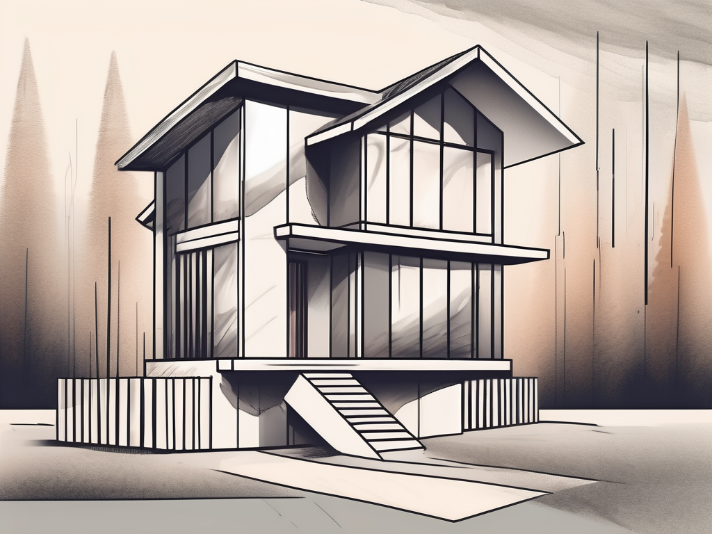 a stylized house with a contract and a pen next to it, hand-drawn abstract illustration for a company blog, white background, professional, minimalist, clean lines, faded colors