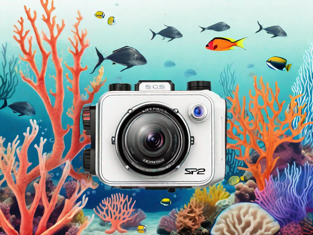 the Seaview SP2S1, a high-end, sleek-looking underwater camera, with a clear view of its features, set against a backdrop of a vibrant underwater scene, showcasing various marine life and corals, hand-drawn abstract illustration for a company blog, white background, professional, minimalist, clean lines, faded colors