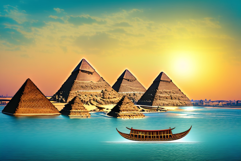 the Nile River winding through ancient Egyptian landmarks, such as pyramids and sphinx, with a traditional felucca boat floating on it, surrounded by the mystical aura of the setting sun, hand-drawn abstract illustration for a company blog, in style of corporate memphis, faded colors, white background, professional, minimalist, clean lines