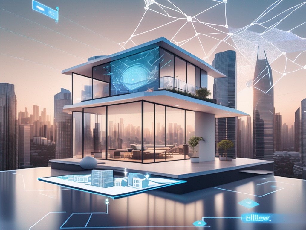 a modern, futuristic home with digital interfaces, surrounded by holographic projections of Zillow's website features, all set against a dynamic city skyline showing signs of market shifts, hand-drawn abstract illustration for a company blog, white background, professional, minimalist, clean lines, faded colors