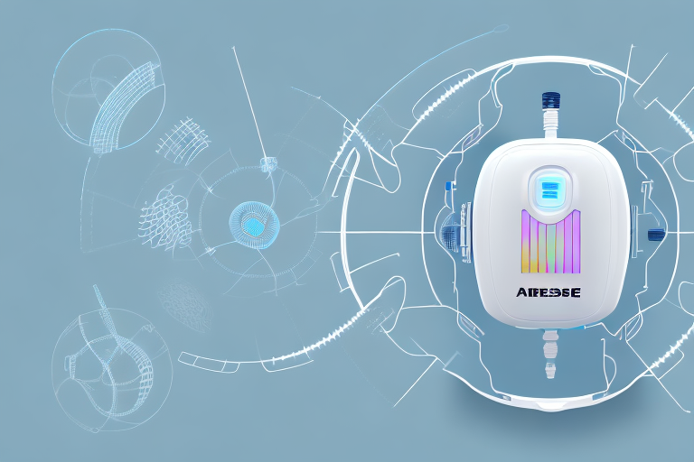 a ResMed AirSense 10 machine with various parts highlighted and arrows indicating the areas of operation and adjustment, hand-drawn abstract illustration for a company blog, in style of corporate memphis, faded colors, white background, professional, minimalist, clean lines