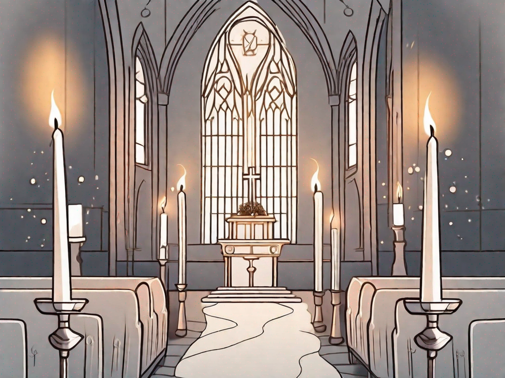 a church interior, softly lit by numerous candles, with a focus on a decorated altar showcasing a prominent candle holder, hand-drawn abstract illustration for a company blog, white background, professional, minimalist, clean lines, faded colors