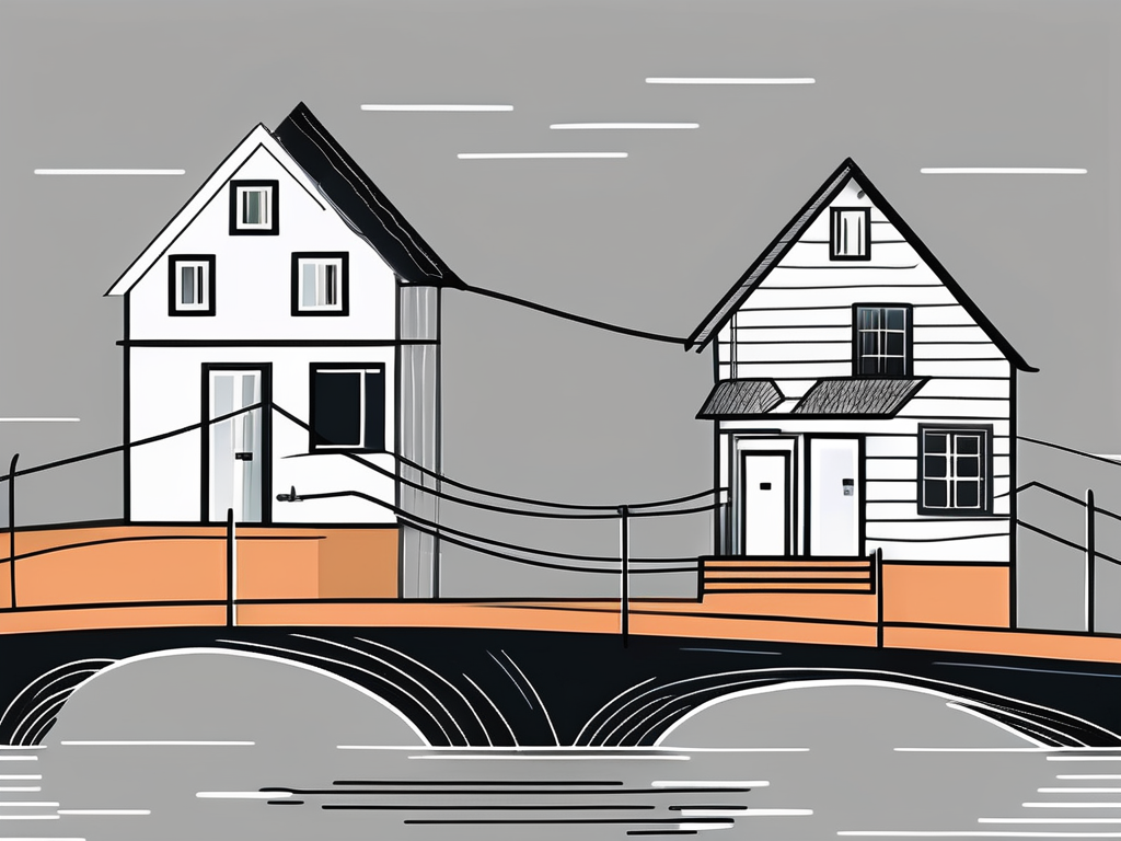 two houses connected by a bridge, symbolizing the partnership between home service providers, hand-drawn abstract illustration for a company blog, white background, professional, minimalist, clean lines, black and white