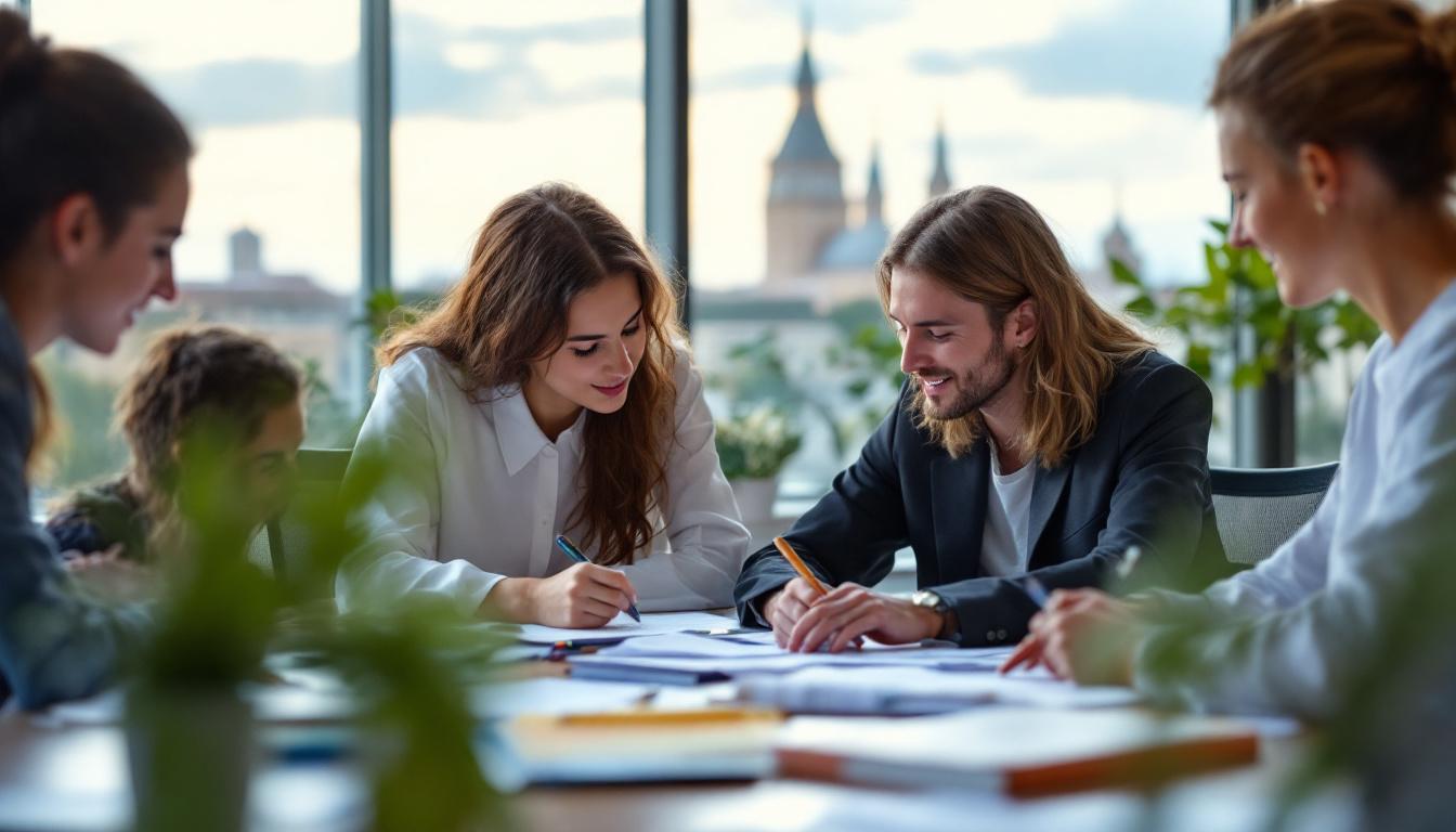 a photograph of a vibrant study environment in Montpellier, featuring students engaged in collaborative learning, with iconic landmarks of the city subtly in the background to convey the academic atmosphere of medical preparation, photographic, realistic, for a startup's blog, low saturation, life-like realistic soft lighting 4k sigma 50mm f2.8