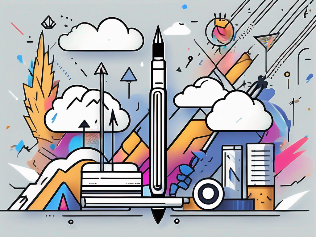 a pen majestically soaring upwards, leaving behind a trail of vibrant, creative symbols and icons representing various industries, to signify the elevation of content through Service Squad's copywriting services, hand-drawn abstract illustration for a company blog, white background, professional, minimalist, clean lines, faded colors