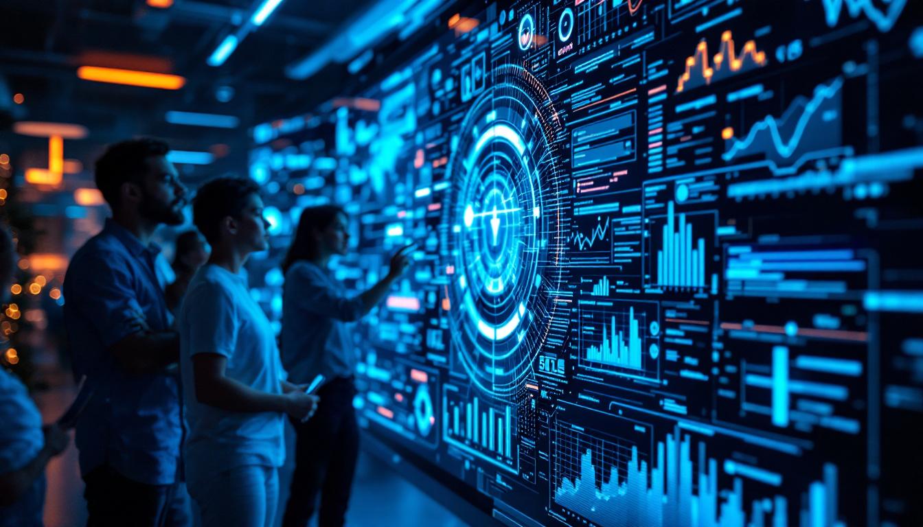 Visualisering av kunstig intelligens, der et team analyserer avanserte datasystemer og digitale mønstre for å forstå hvordan KI fungerer.