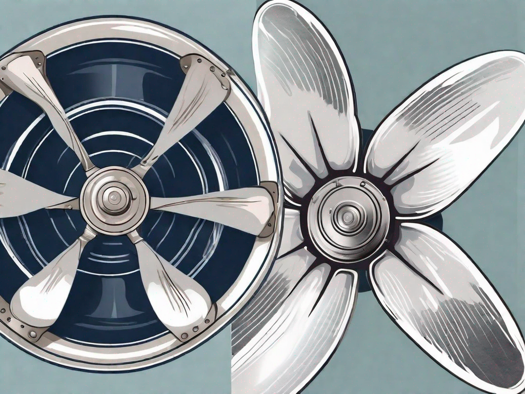 a stainless steel propeller on the left and an aluminum propeller on the right, both against a backdrop of a nautical theme, highlighting the differences in their appearance and texture, hand-drawn abstract illustration for a company blog, white background, professional, minimalist, clean lines, faded colors