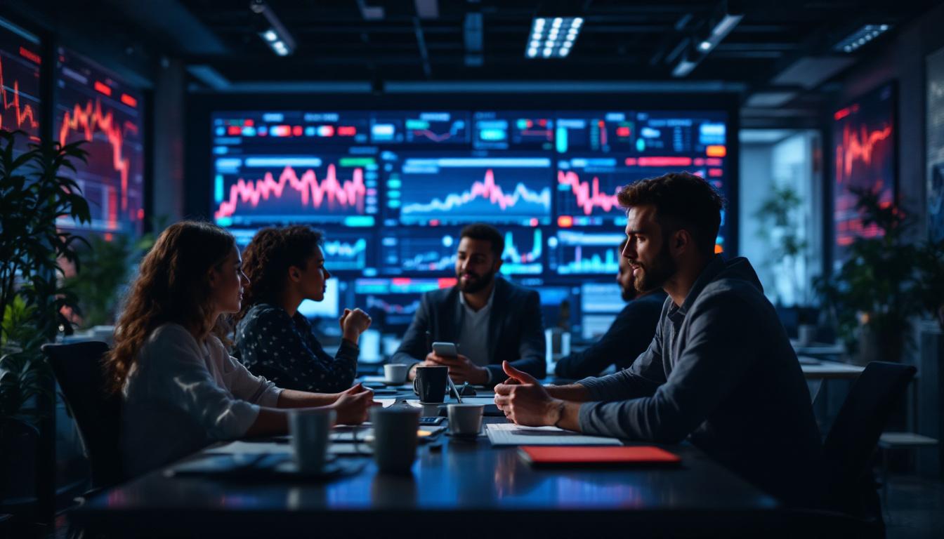 a photograph of a dynamic fintech workspace that showcases innovation and collaboration, featuring diverse professionals engaged in discussions around stock market trends and technology, with elements like digital screens displaying financial data and charts in the background, photographic, realistic, for a startup's blog, low saturation, life-like realistic soft lighting 4k sigma 50mm f2.8