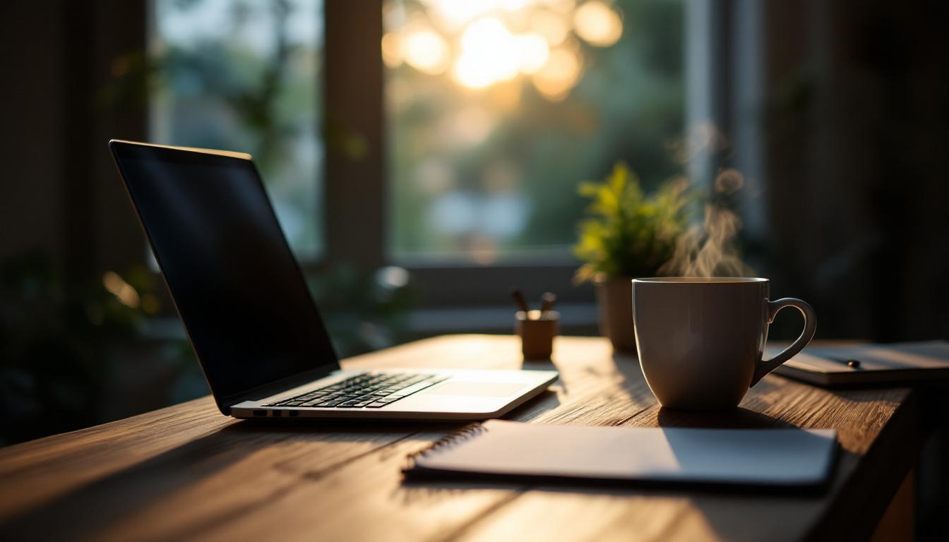 Laptop, notatbok og en rykende kaffekopp på et trebord i mykt morgensollys – et rolig og fokusert arbeidsmiljø som passer godt for vurdering og planlegging knyttet til bedrifter til salgs.