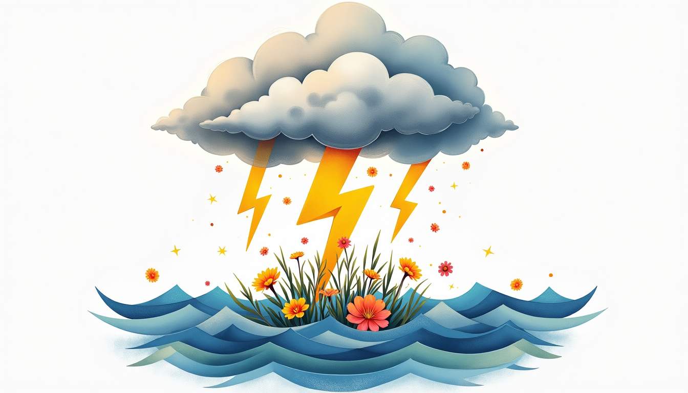 an abstract representation of a stormy cloud with colorful lightning bolts, intertwined with soft, calming elements like gentle waves and blooming flowers, symbolizing the contrast between mental distress and the hope for recovery, hand-drawn abstract illustration for a company blog, white background, professional, minimalist, clean lines, faded colors