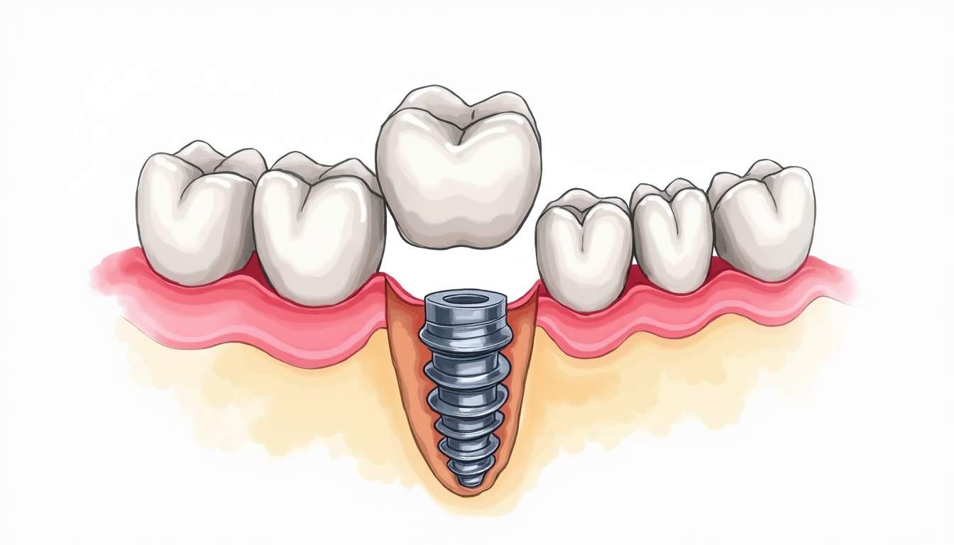 Draw an illustration of a close-up view of a dental implant being placed into a realistic model of a jawbone, showcasing the implant's natural integration with the surrounding teeth and gum tissue, hand-drawn abstract illustration for a company blog, white background, professional, minimalist, clean lines, faded colors