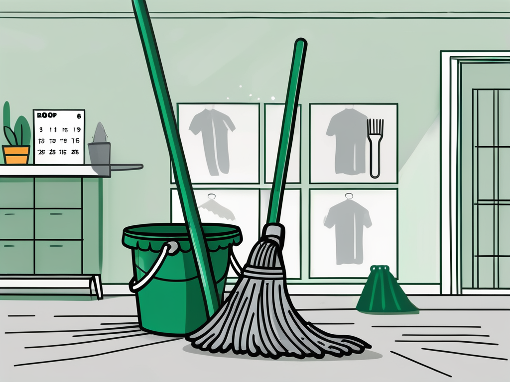 an Orlando home with cleaning tools like a mop, broom, and bucket nearby, and a calendar in the foreground showing a bi-weekly schedule, hand-drawn abstract illustration for a company blog, white background, professional, minimalist, clean lines, forest green and gray