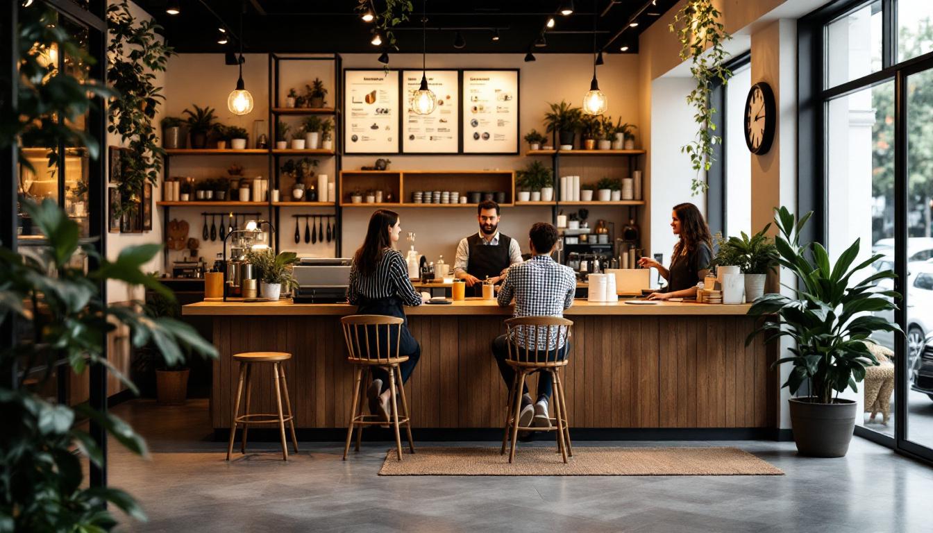 Moderne og innbydende kafé med gjester ved disken – et typisk eksempel på små bedrifter til salgs som tiltrekker kjøpere med stabil drift og god atmosfære.