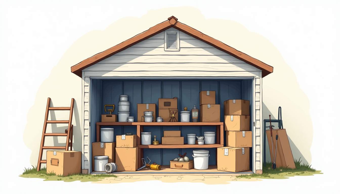 Draw an illustration of a cozy, well-organized storage unit filled with various renovation materials, such as paint cans, tools, and furniture, alongside a stack of labeled boxes, all set against a backdrop of a partially renovated home, hand-drawn abstract illustration for a company blog, white background, professional, minimalist, clean lines, faded colors