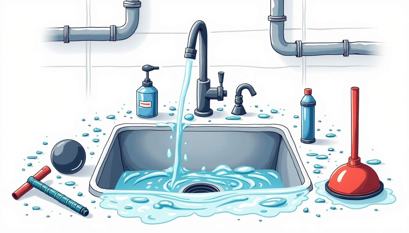 an overflowing sink with water and debris, surrounded by tools like a plunger and a drain snake, set against a backdrop of pipes and a subtle indication of a plumbing problem, to visually represent the need for professional drain cleaning and repair, hand-drawn abstract illustration for a company blog, white background, professional, minimalist, clean lines, faded colors