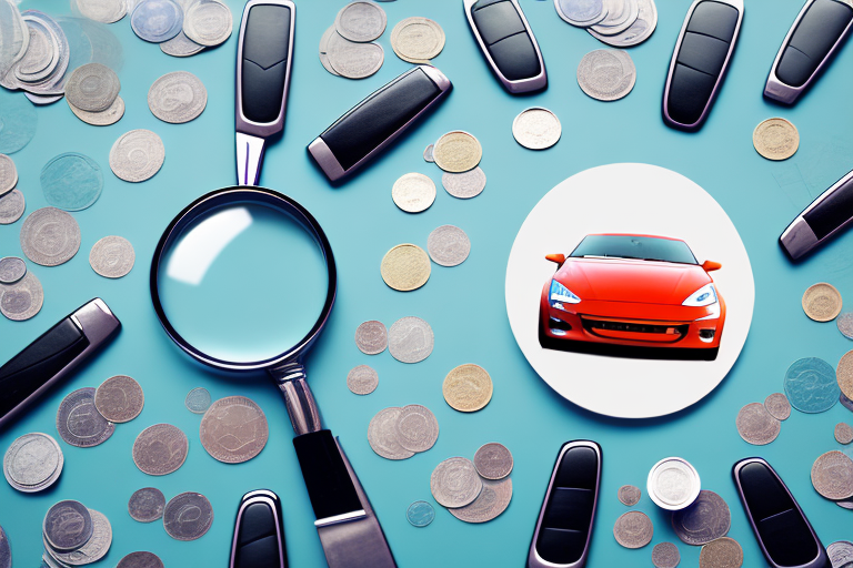 several different cars with price tags attached, each with a magnifying glass over them, symbolizing the comparison of car finance offers, hand-drawn abstract illustration for a company blog, in style of corporate memphis, faded colors, white background, professional, minimalist, clean lines