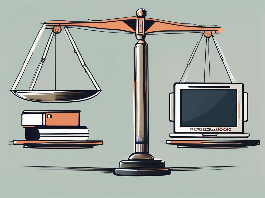 a balanced scale, symbolizing law, with one side holding traditional marketing tools like a television and a radio, and the other side holding digital marketing elements like a laptop and a smartphone, symbolizing the transition from traditional to digital marketing for law firms, hand-drawn abstract illustration for a company blog, white background, professional, minimalist, clean lines, faded colors