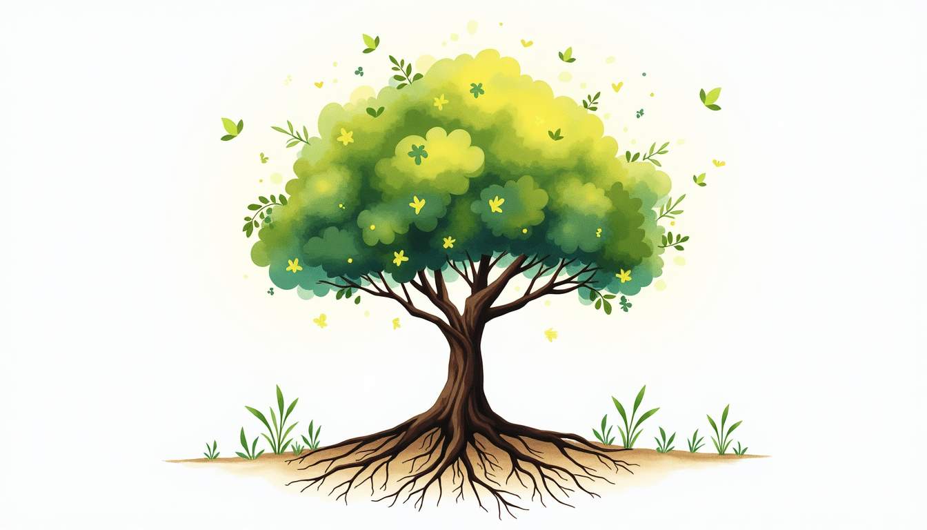 Draw an illustration of a vibrant, thriving tree with strong roots intertwined with natural elements like leaves, herbs, and glowing light particles to symbolize strengthening the body's natural defenses against aging, hand-drawn abstract illustration for a company blog, white background, professional, minimalist, clean lines, faded colors