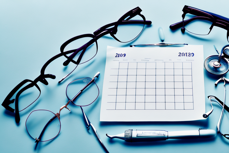 a pair of eyeglasses resting on a calendar with marked recovery days, surrounded by medical tools used for cataract surgery, such as an eye speculum and a phacoemulsifier, hand-drawn abstract illustration for a company blog, in style of corporate memphis, faded colors, white background, professional, minimalist, clean lines