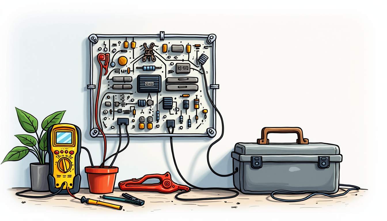 an intricate electrical circuit board with various components like wires, resistors, and capacitors, surrounded by tools such as a multimeter, wire strippers, and a toolbox, all set against a backdrop of a modern home interior to convey the theme of professional electrical installation and repair services, hand-drawn abstract illustration for a company blog, white background, professional, minimalist, clean lines, faded colors