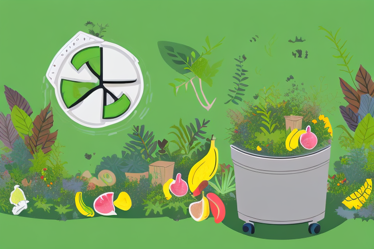 an overflowing compost bin surrounded by vibrant greenery, colorful leaves, and various garden waste items like branches, grass clippings, and fallen fruits, with a backdrop of a tidy yard to symbolize the benefits of green waste removal services, hand-drawn abstract illustration for a company blog, in style of corporate memphis, faded colors, white background, professional, minimalist, clean lines