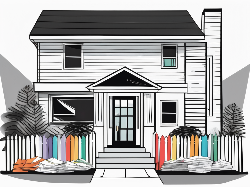 a house sparkling clean with an open mailbox out front, overflowing with colorful flyers and brochures, hand-drawn abstract illustration for a company blog, white background, professional, minimalist, clean lines, black and white