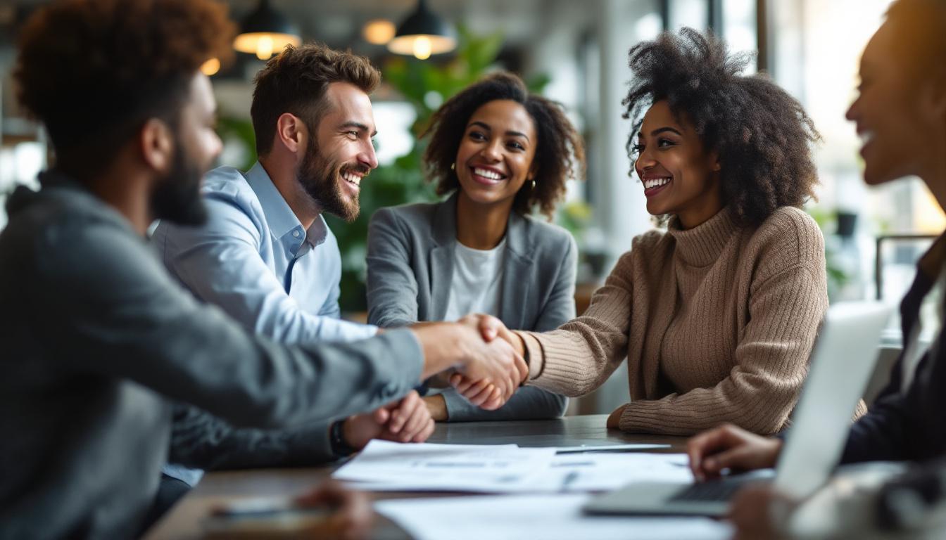 En gruppe smilende forretningspartnere som inngår en avtale med et fast håndtrykk – et motiv som symboliserer vellykket kjøp og salg av bedrifter gjennom NBM.no.