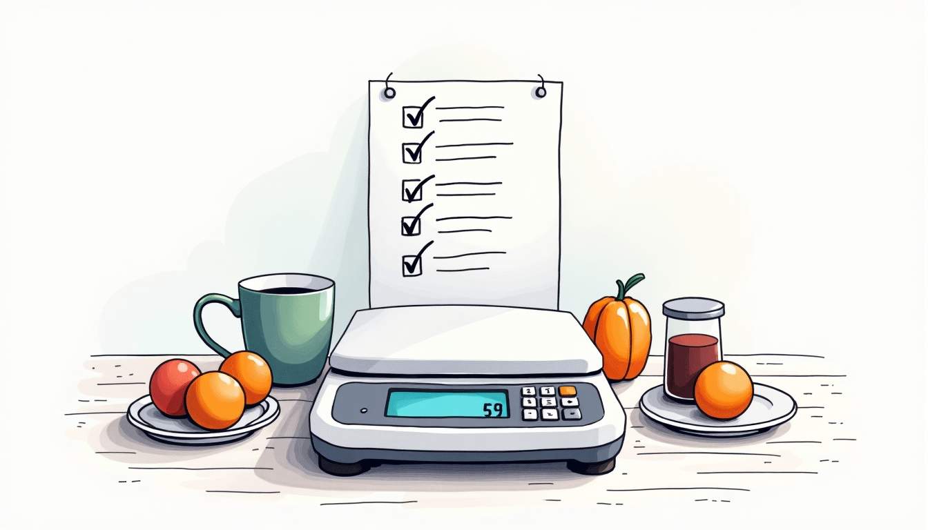 a counting scale prominently displayed on a table, surrounded by various objects of different sizes and weights, with an emphasis on the scale's digital display showing precise measurements and a backdrop featuring a checklist of factors to consider when selecting a counting scale for accuracy, hand-drawn abstract illustration for a company blog, white background, professional, minimalist, clean lines, faded colors