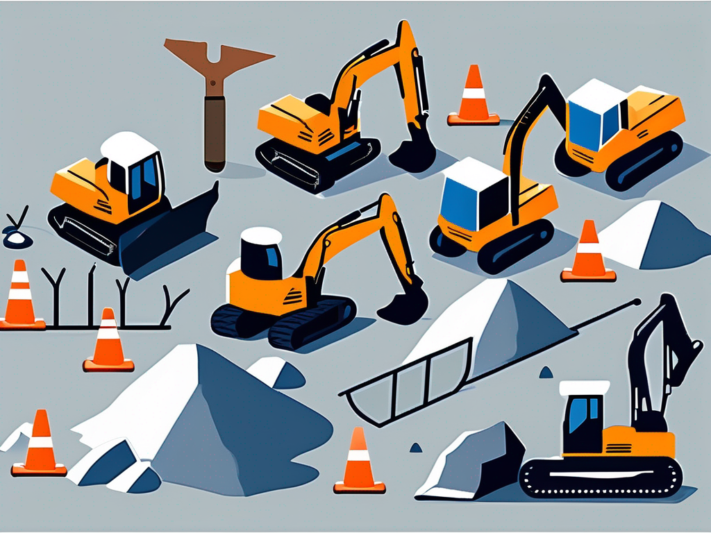 various excavation tools like shovels, pickaxes, and wheelbarrows, along with a hard hat and safety vest, set against the backdrop of an excavation site with dug-up earth and machinery, hand-drawn abstract illustration for a company blog, white background, professional, minimalist, clean lines, light navy blue and gray