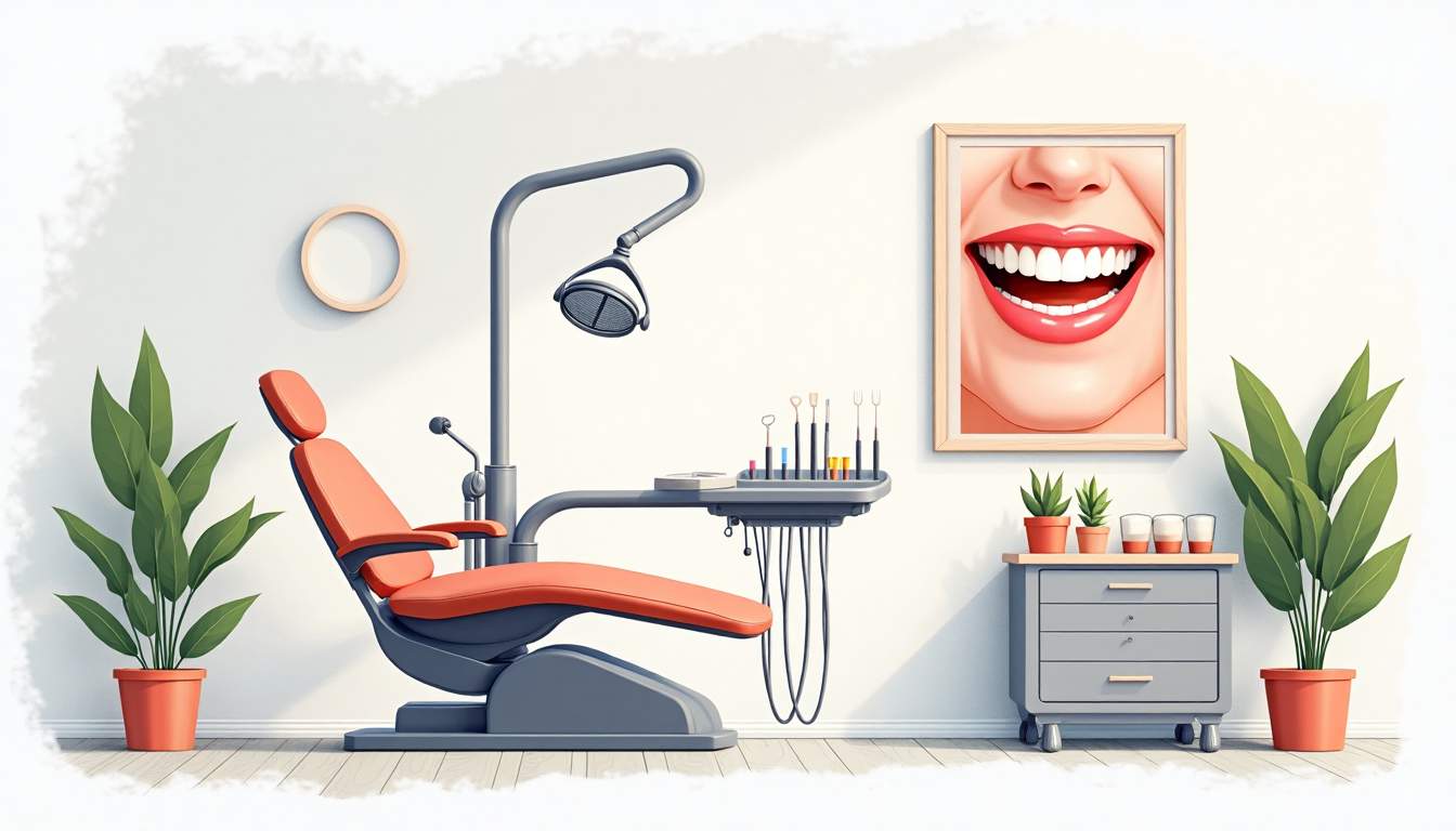 an inviting dental clinic scene featuring a comfortable dental chair, dental tools neatly arranged on a tray, and a vibrant, healthy smile depicted on a large poster on the wall, surrounded by calming colors and elements that convey a sense of cleanliness and care, hand-drawn abstract illustration for a company blog, white background, professional, minimalist, clean lines, faded colors
