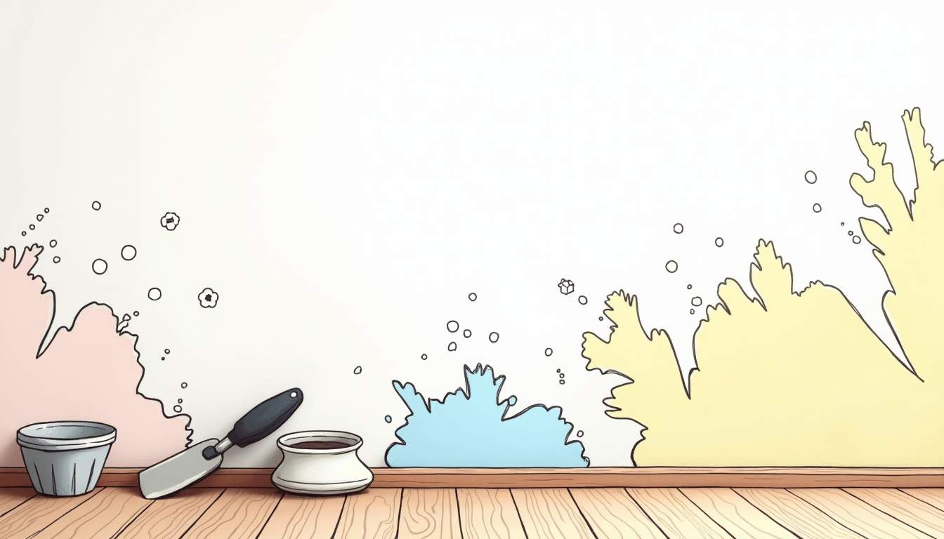 an array of common wall imperfections such as cracks, holes, and dents, alongside various repair tools like spackle, a putty knife, and sandpaper, set against a backdrop of freshly painted walls to emphasize the transformation, hand-drawn abstract illustration for a company blog, white background, professional, minimalist, clean lines, faded colors